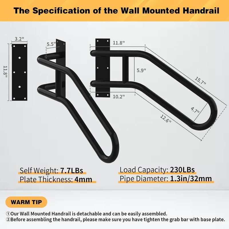 yeezo Left Side Wall Mounted handrail, Garge Door Stair Railing for 1-3 Steps(Polished Black, Left Side, 230LBs Loading) - Image 2